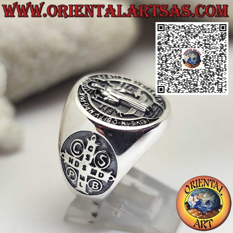 Sterlingsilber-Ring mit Benediktus-Siegel und Kreuz an den Seiten – Religiöser Schmuck und Schutzamulett