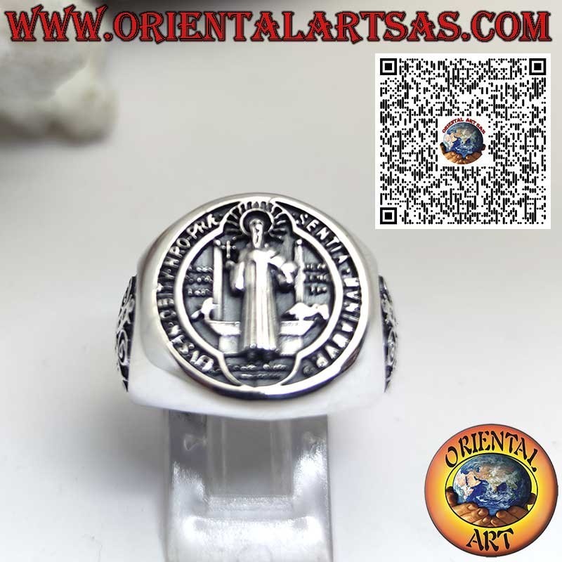 Sterling Silver Saint Benedict Seal Ring with Side Cross – Religious Jewelry and Protection Amulet