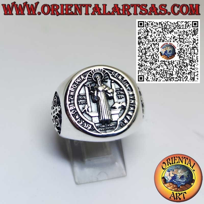 Sterling Silver Saint Benedict Seal Ring with Side Cross – Religious Jewelry and Protection Amulet