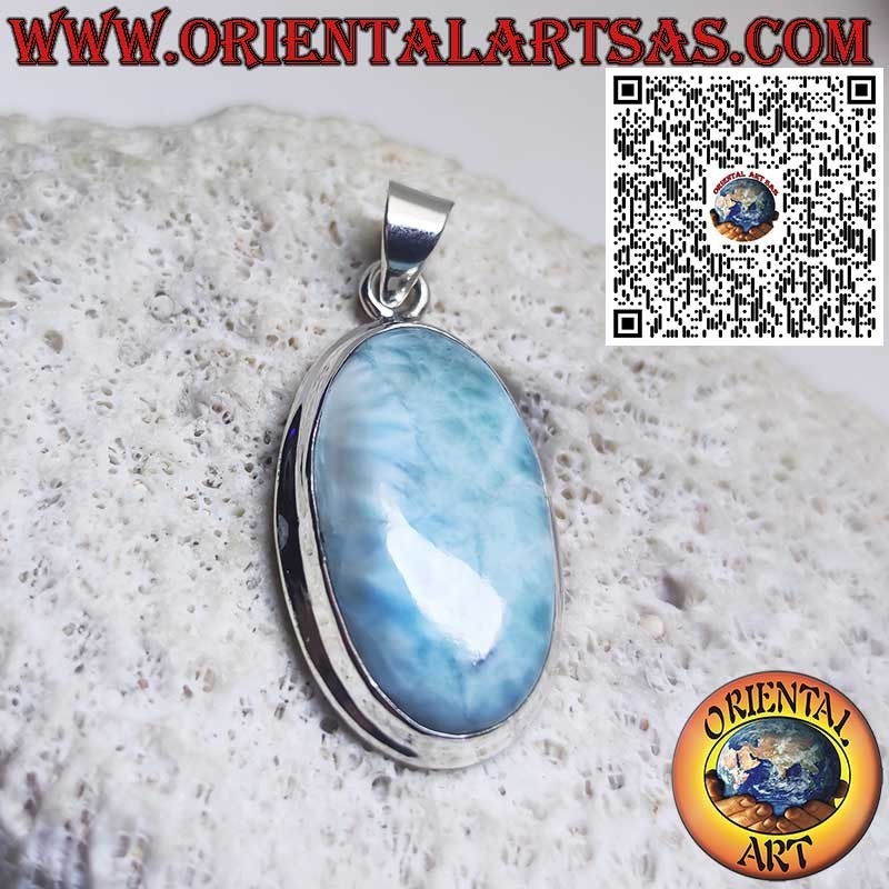 Ciondolo in Argento con Larimar Naturale Ovale Grande Cabochon – Pietra Caraibica Unica