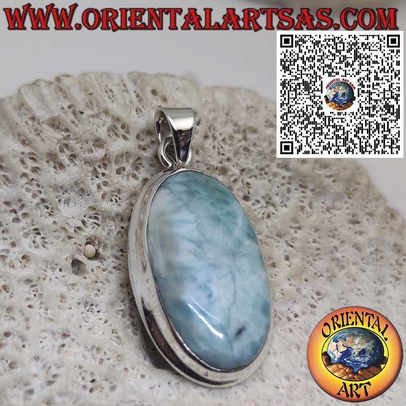 Silver Pendant with Large Oval Natural Larimar Cabochon – Unique Caribbean Stone