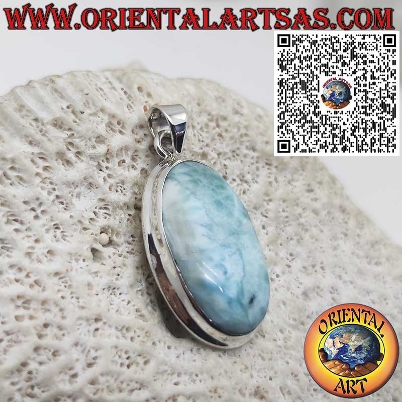 Pendentif en Argent avec Grand Cabochon Ovale de Larimar Naturel – Pierre des Caraïbes Unique