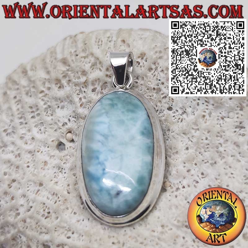 Ciondolo in Argento con Larimar Naturale Ovale Grande Cabochon – Pietra Caraibica Unica