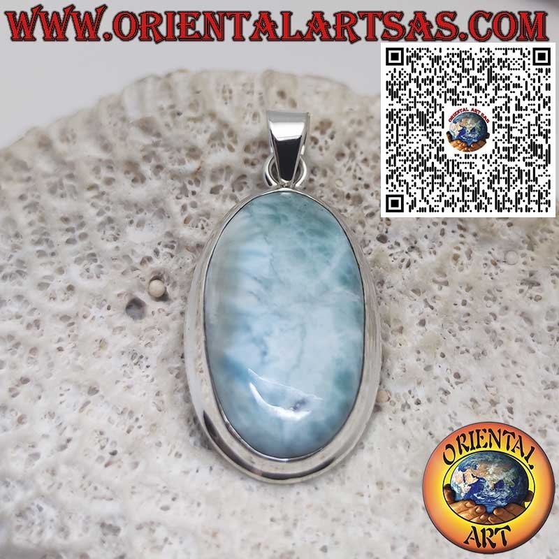Ciondolo in Argento con Larimar Naturale Ovale Grande Cabochon – Pietra Caraibica Unica