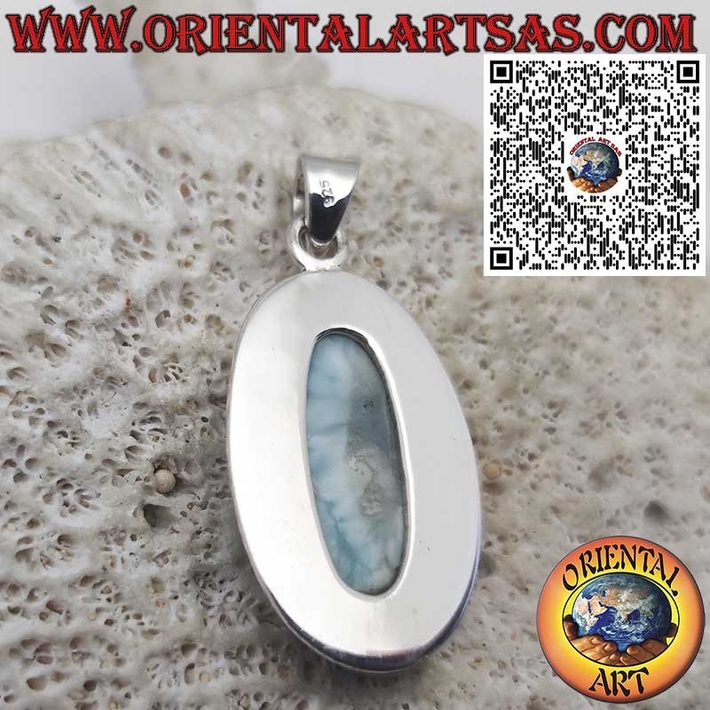 Ciondolo in Argento con Larimar Naturale Ovale Grande Cabochon – Pietra Caraibica Unica
