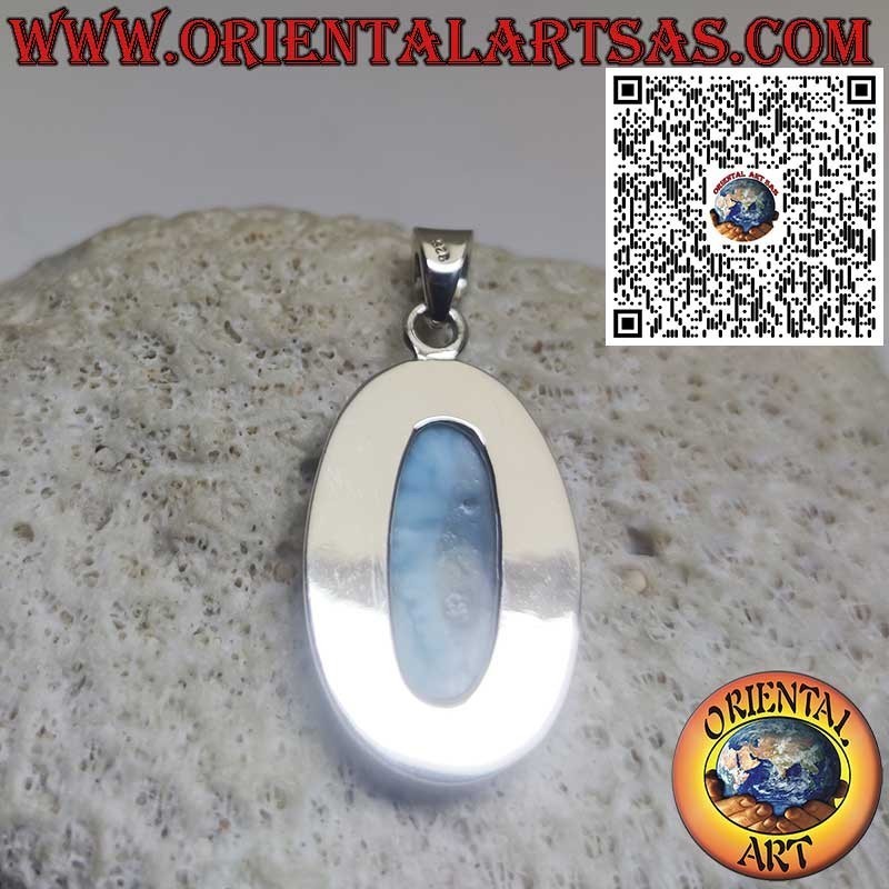 Ciondolo in Argento con Larimar Naturale Ovale Grande Cabochon – Pietra Caraibica Unica