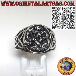 Silver Band Ring with Auryn Ouroboros and Celtic Knot