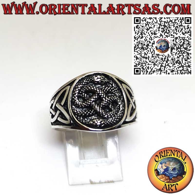 Silver Band Ring with Auryn Ouroboros and Celtic Knot