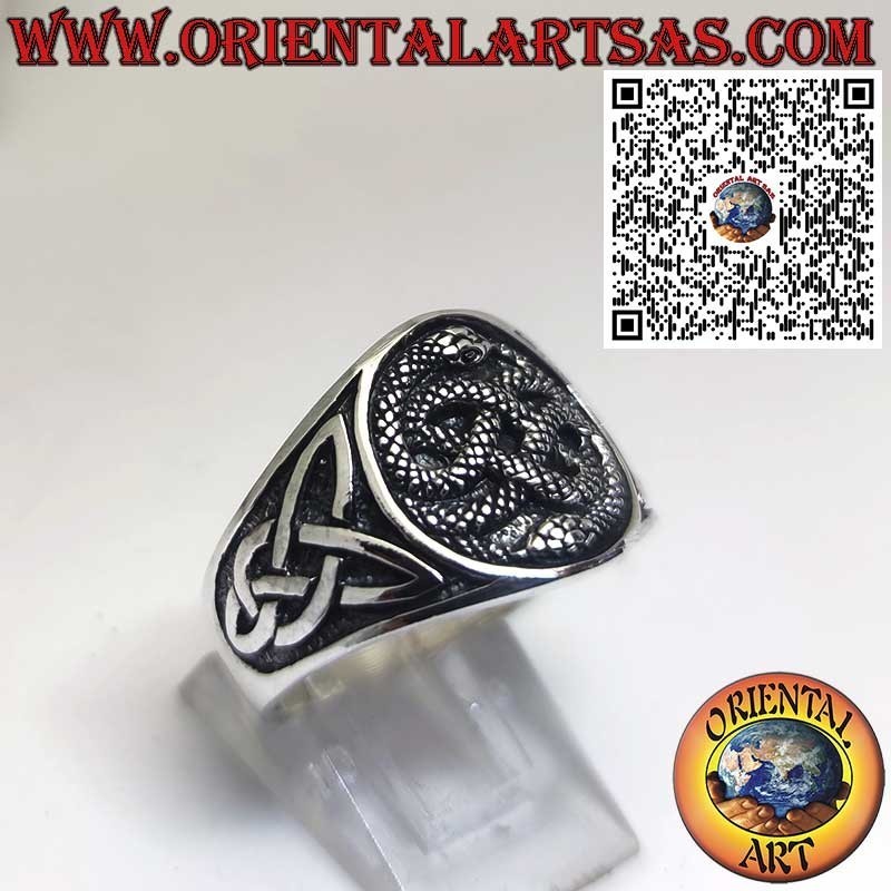 Bague Large en Argent avec Auryn Ouroboros et Nœud Celtique – Bijou Fantasy Symbolique