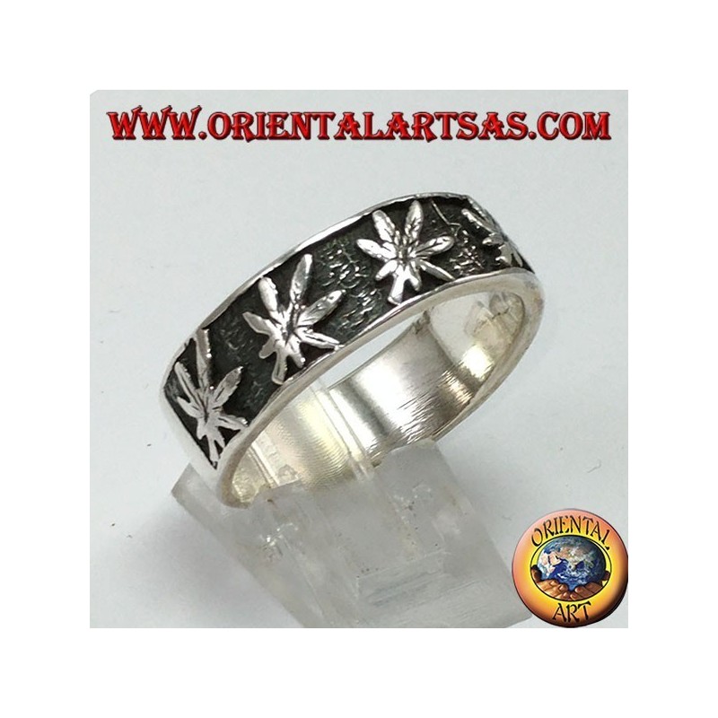Silver glitter ring with bas-relief marijuana leaves