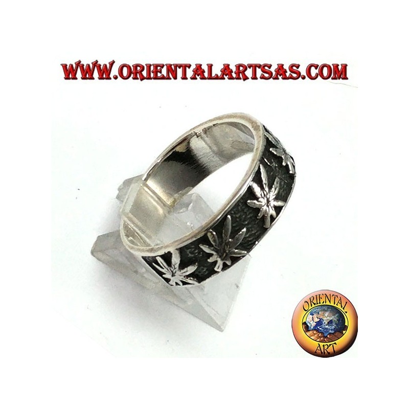 Silber Ring Rekord, mit Flachrelief Marijuanablatten