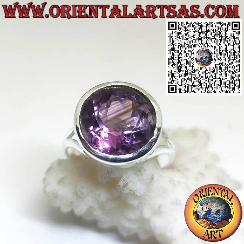 Silberring mit Natürlicher Runder Amethyst – Glatte Hohe Fassung