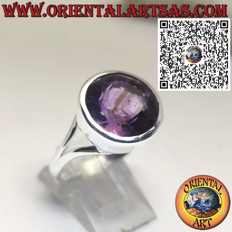 Silberring mit Natürlicher Runder Amethyst – Glatte Hohe Fassung