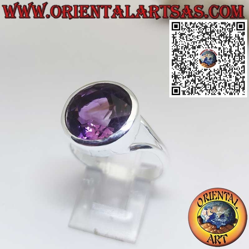 Silberring mit Natürlicher Runder Amethyst – Glatte Hohe Fassung