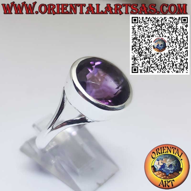 Silberring mit Natürlicher Runder Amethyst – Glatte Hohe Fassung
