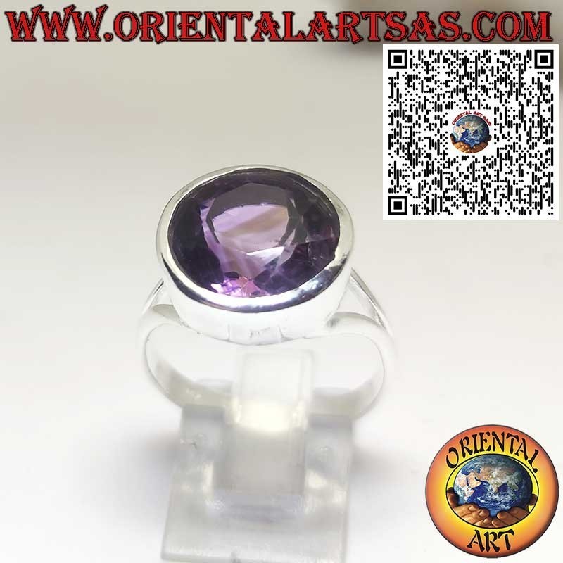 Silberring mit Natürlicher Runder Amethyst – Glatte Hohe Fassung