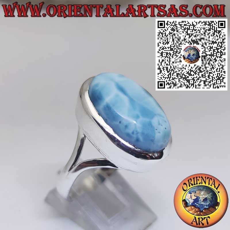 Silver Ring with Natural Oval Larimar and Smooth Bezel – Elegance and Harmony