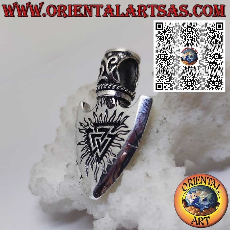 Ciondolo in Argento 925 Punta di Freccia Vichinga con Triangolo di Odino e Vegvisir inciso