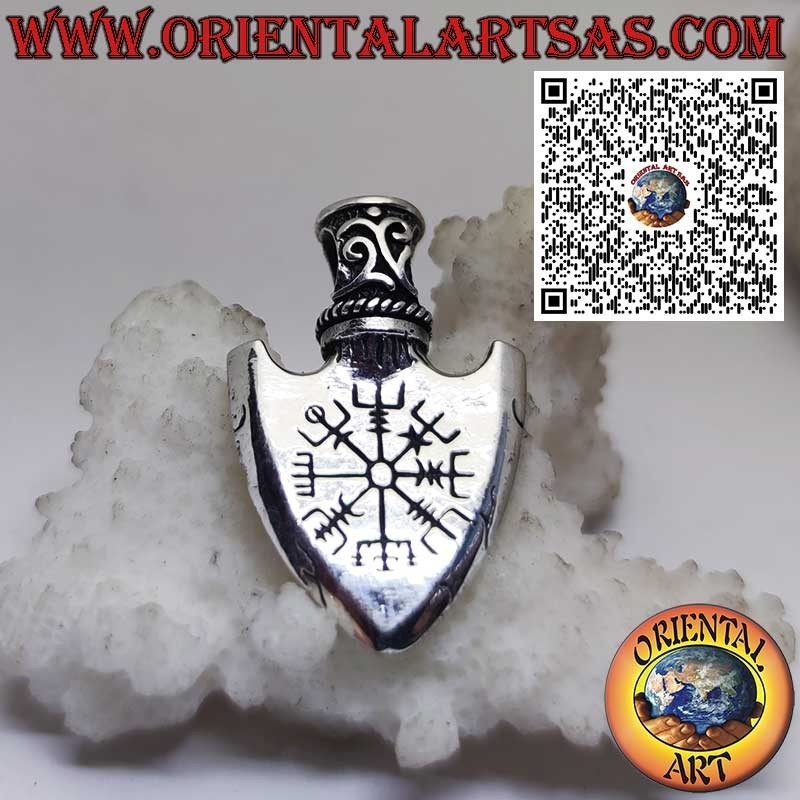 Sterling Silver Viking Arrowhead Pendant with Odin’s Triangle and Engraved Vegvisir