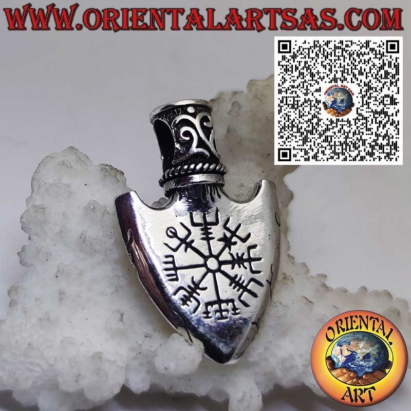 Ciondolo in Argento 925 Punta di Freccia Vichinga con Triangolo di Odino e Vegvisir inciso