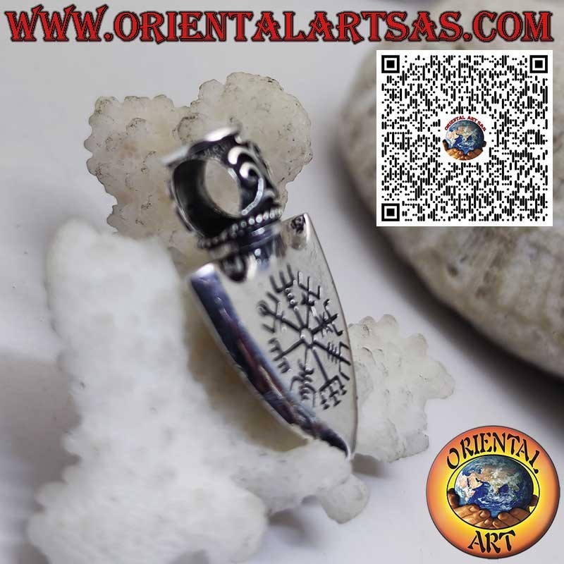 Ciondolo in Argento 925 Punta di Freccia Vichinga con Triangolo di Odino e Vegvisir inciso