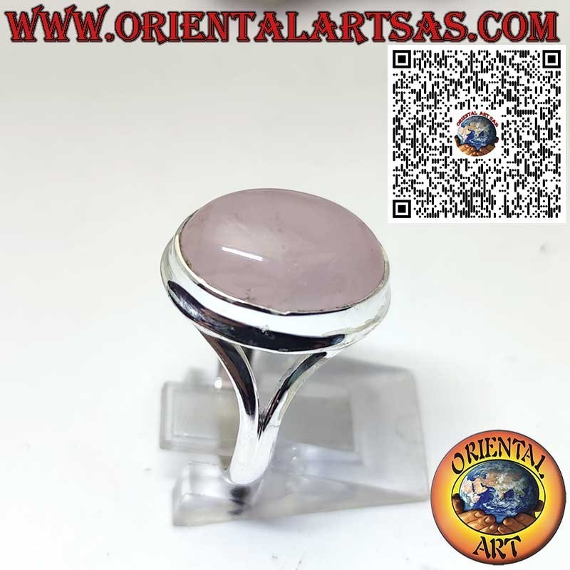 Anello in Argento 925 con Quarzo Rosa Naturale Ovale e Montatura Semplice