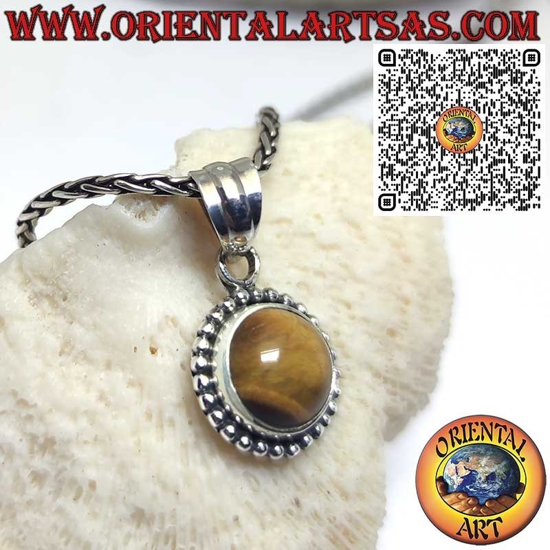 Pendentif rond en argent avec un oeil de tigre entouré de sphères