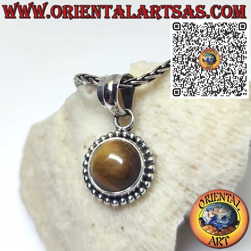 Round silver pendant with a tiger's eye surrounded by spheres