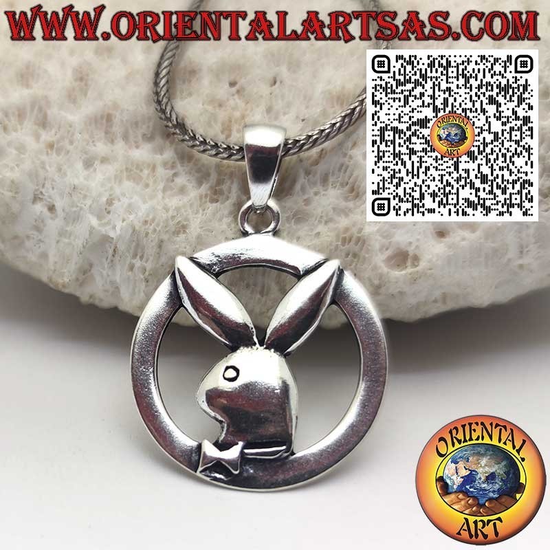 Pendentif en argent en forme de lapin "playboy" dans le cercle