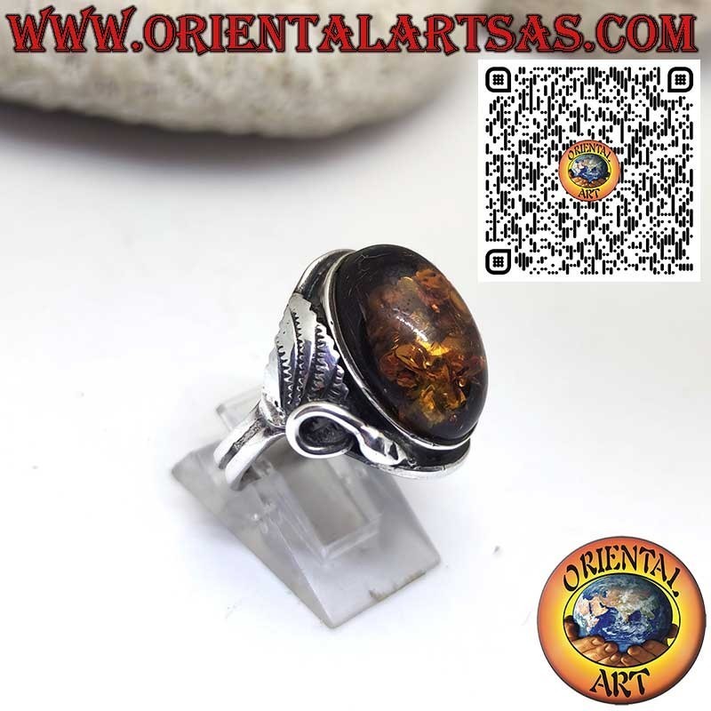 Bague en Argent 925 avec Ambre Baltique Ovale et Feuilles Latérales