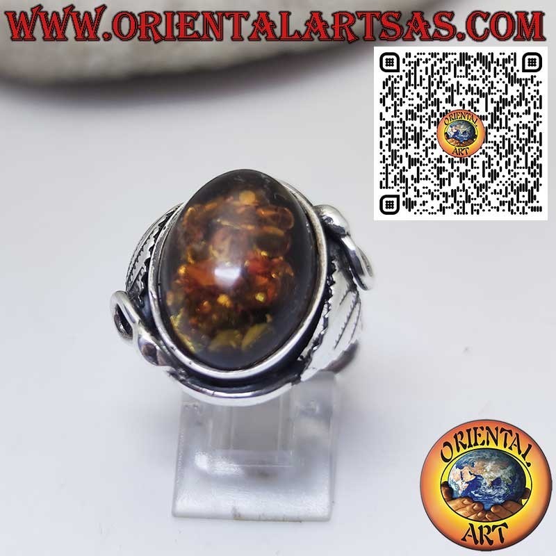 Bague en Argent 925 avec Ambre Baltique Ovale et Feuilles Latérales