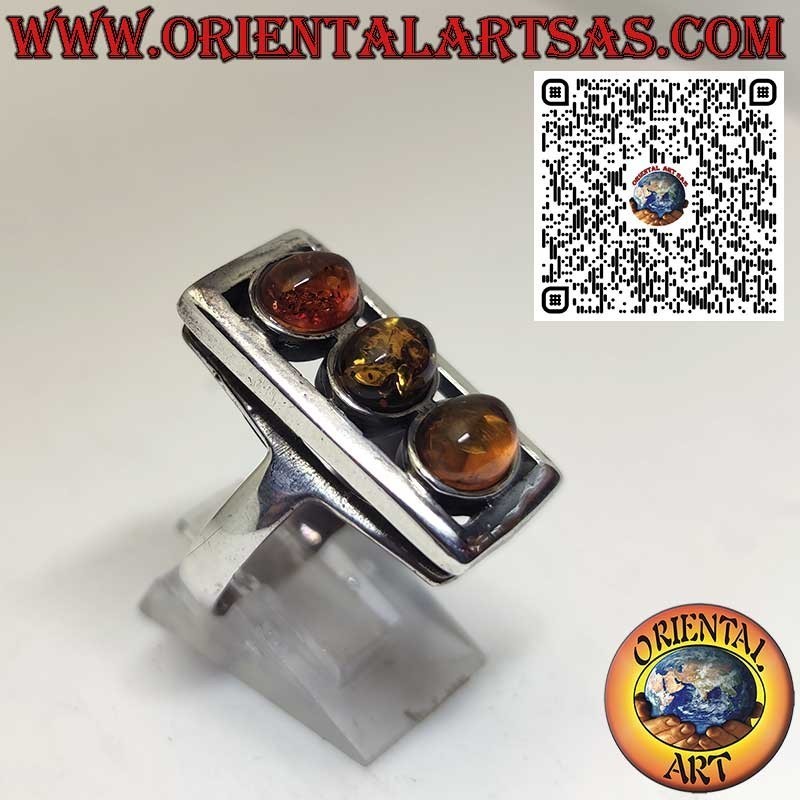 Anillo Rectangular de Plata 925 con Tres Ámbares Ovales – Joya Artesanal