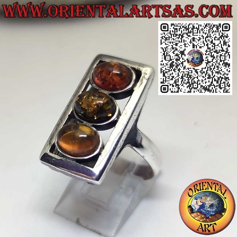 Sterling Silver Rectangular Ring with Three Oval Baltic Ambers – Handmade Jewelry