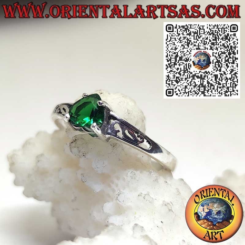 Bague en Argent 925 avec Émeraude Synthétique en Cœur et Motifs Ajournés