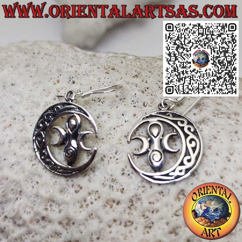 Sterling Silver Earrings with Wiccan Mother Earth Goddess in Celtic Moon