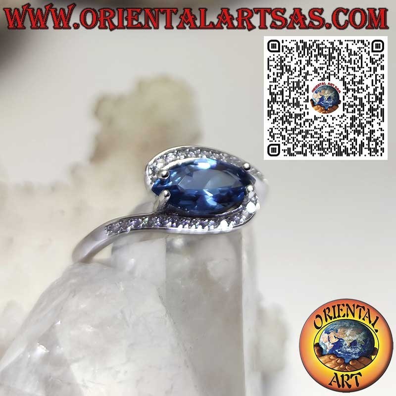 Silberring 925 mit London Blue Topas Navette und Zirkonia – Elegantes Schmuckstück