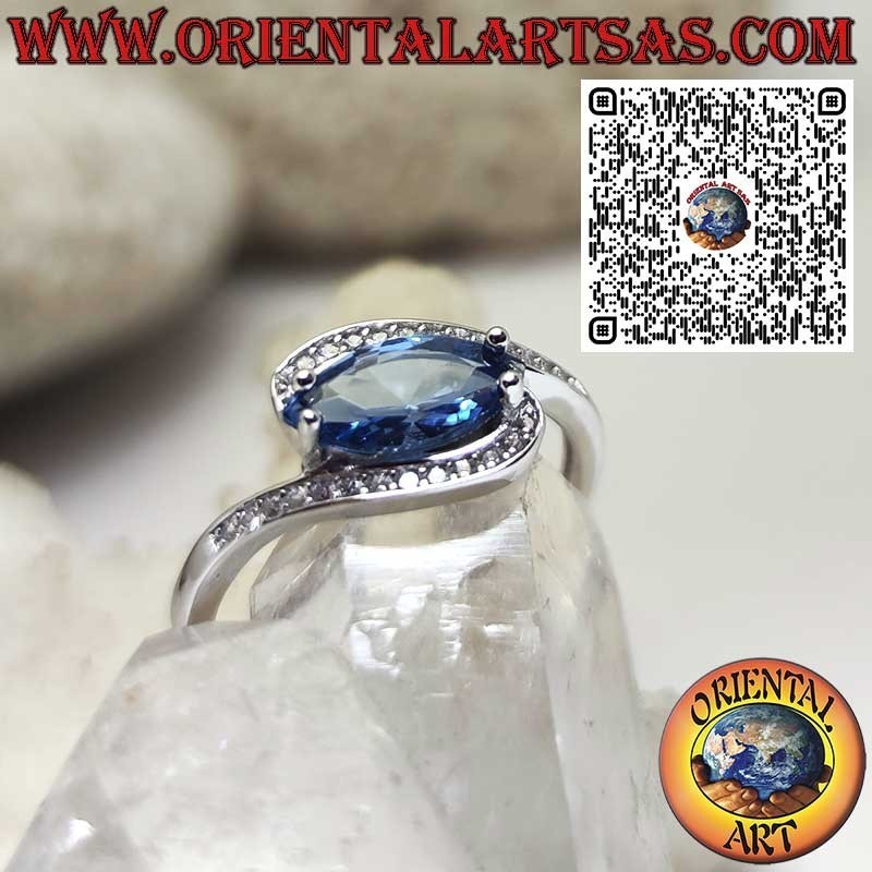 Bague en Argent 925 avec Topaze Bleue de Londres Navette et Oxydes de Zirconium – Élégance Raffinée