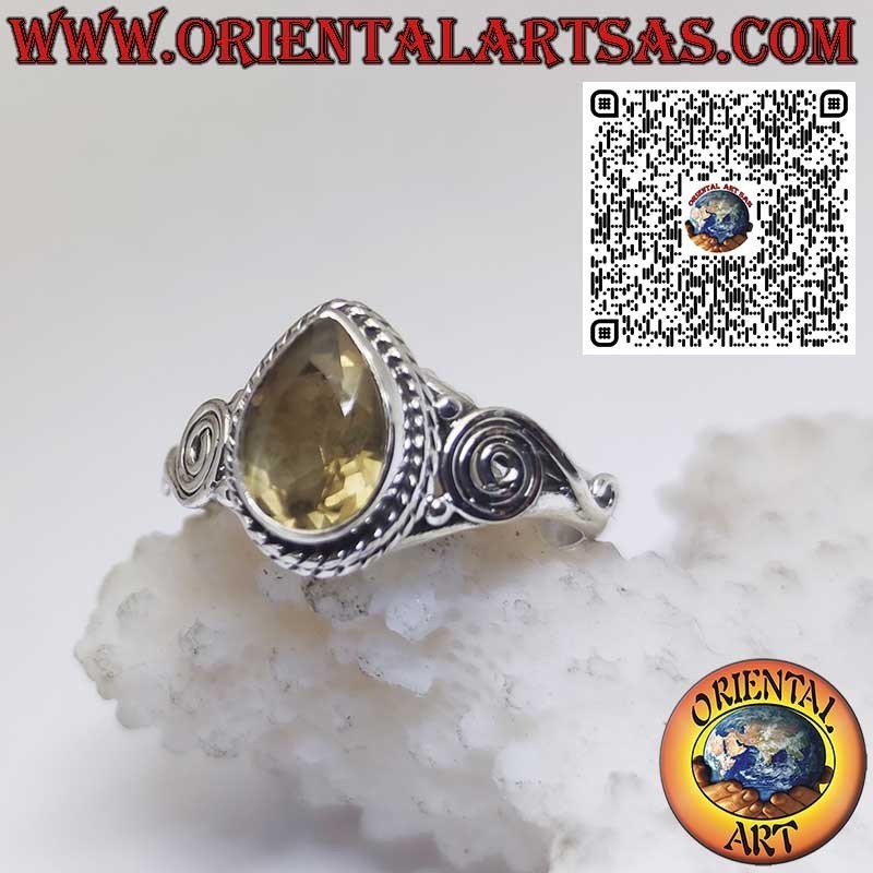 Sterling Silver Ring with Natural Yellow Topaz Pear Cut and Side Spiral Design