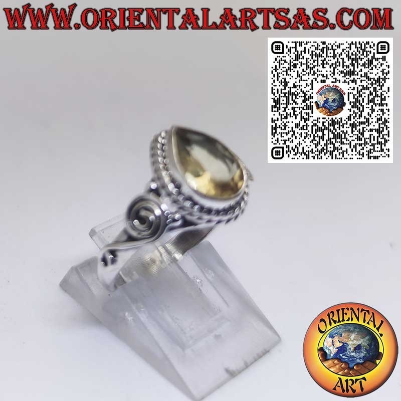 Bague en argent 925 avec topaze jaune naturelle en forme de goutte et spirale latérale