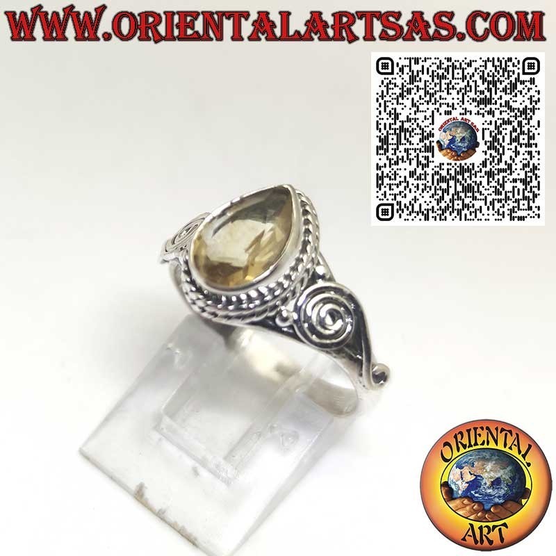 Bague en argent 925 avec topaze jaune naturelle en forme de goutte et spirale latérale