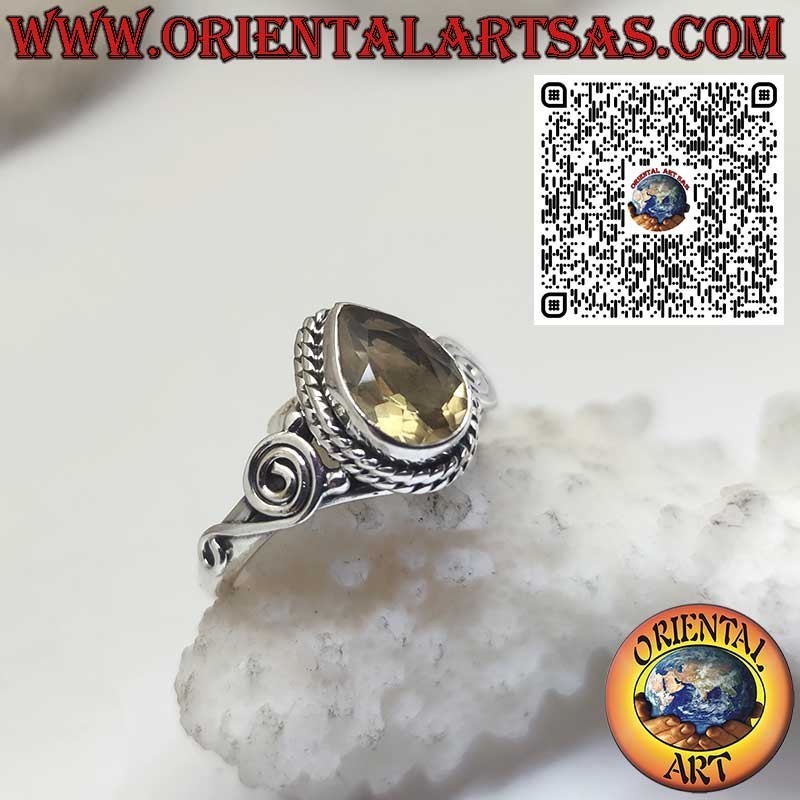 Sterling Silver Ring with Natural Yellow Topaz Pear Cut and Side Spiral Design