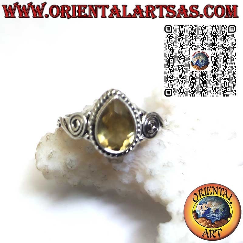 Anillo de plata 925 con topacio amarillo natural en forma de gota y espirales laterales