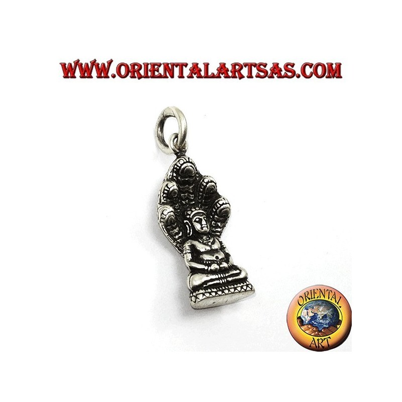 Buddha silver pendant in the position of Dhyana Mudra protected by the cobra