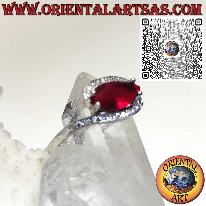 Anillo de plata de ley 925 con Granate navette y Circonitas – Joya elegante hecha a mano