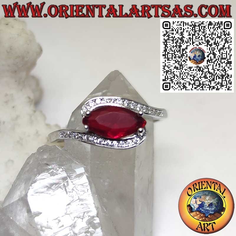 Anillo de plata de ley 925 con Granate navette y Circonitas – Joya elegante hecha a mano