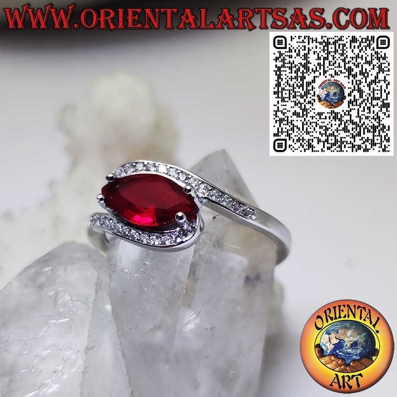 Anillo de plata de ley 925 con Granate navette y Circonitas – Joya elegante hecha a mano