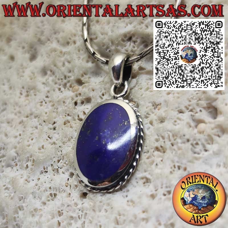 Sterling Silver Pendant with Natural Oval Lapis Lazuli framed by a Braid