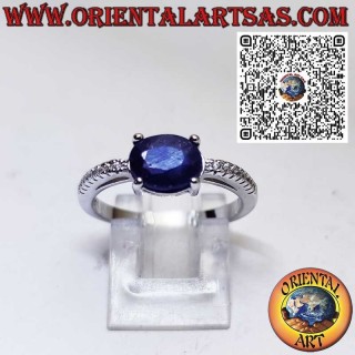 Bague en Argent 925 avec Saphir Naturel Ovale Monté de Travers et Zircons Latéraux