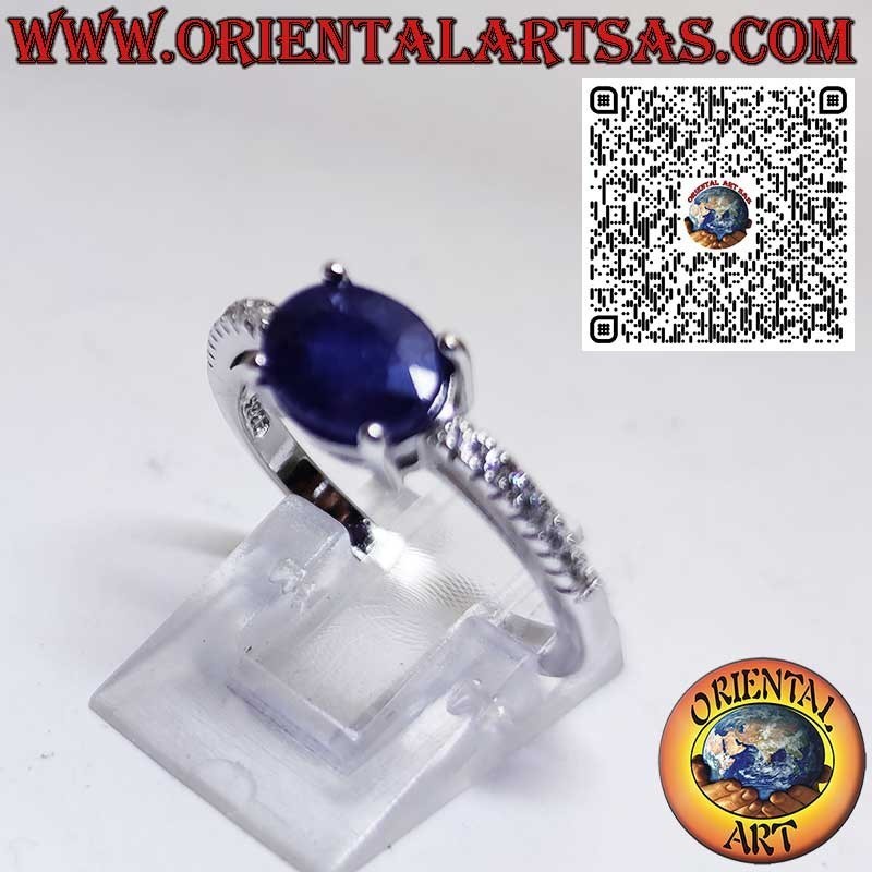 925 Sterling Silver Ring with Natural Oval Sapphire Set Sideways and Side Zircons