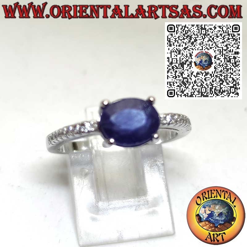 925 Sterling Silver Ring with Natural Oval Sapphire Set Sideways and Side Zircons